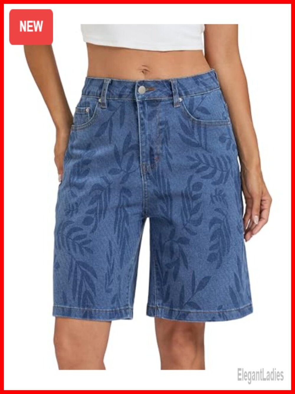 Women's High Waisted Bermuda Denim Shorts Leaf Print Knee Length Jean Shorts
